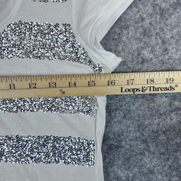White House Black Market Womens XS Chic White Silver Sequin Striped T-Shirt NWT - Picture 6 of 8